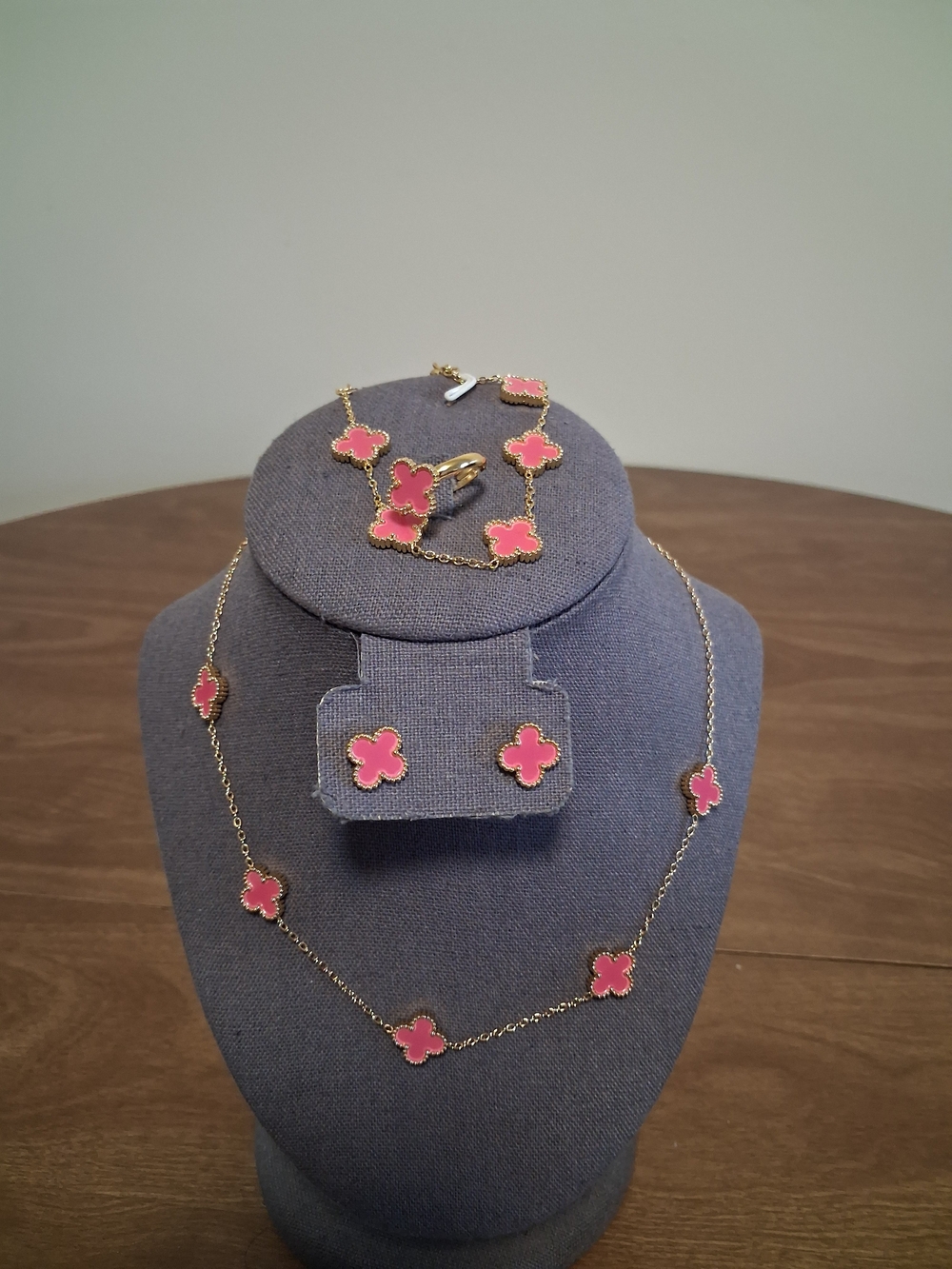 Pink Clover Motif Gold Necklace, Bracelet & Stud Earrings Set